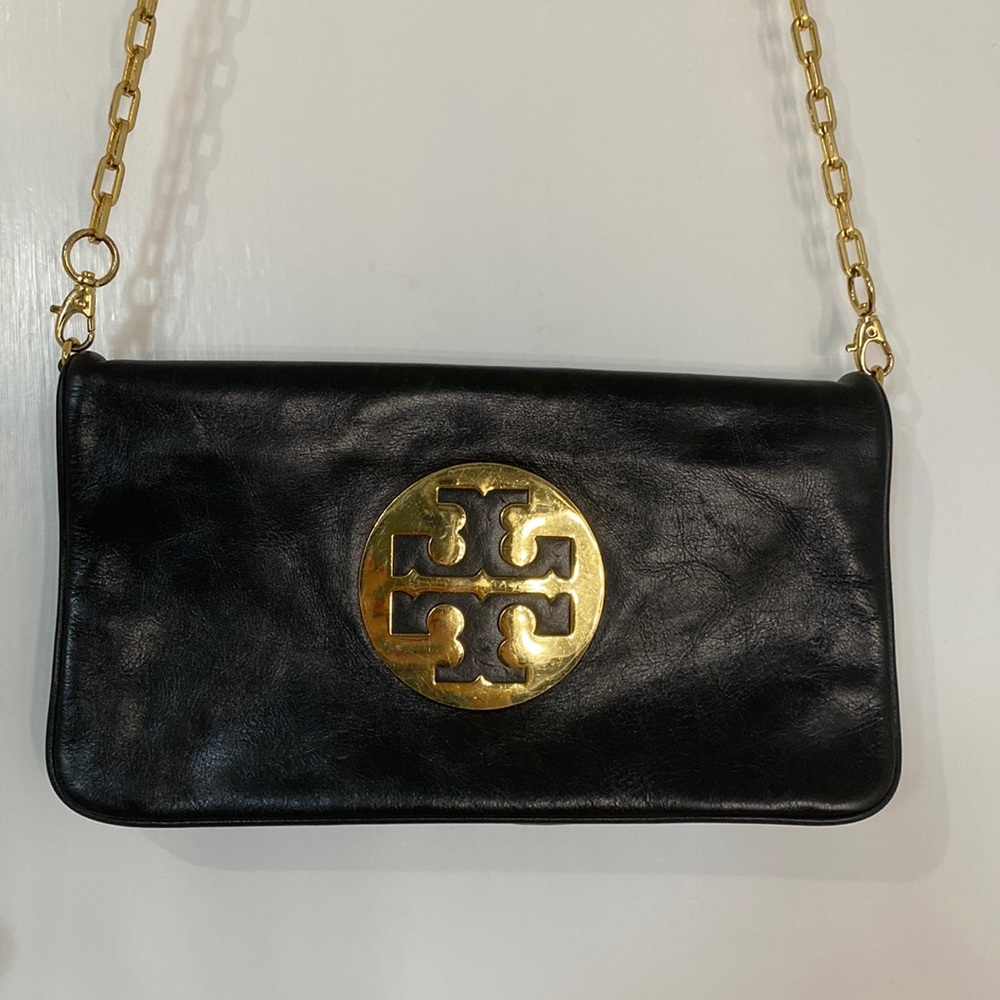 Tory Burch Black Leather Clutch with Gold Hardware